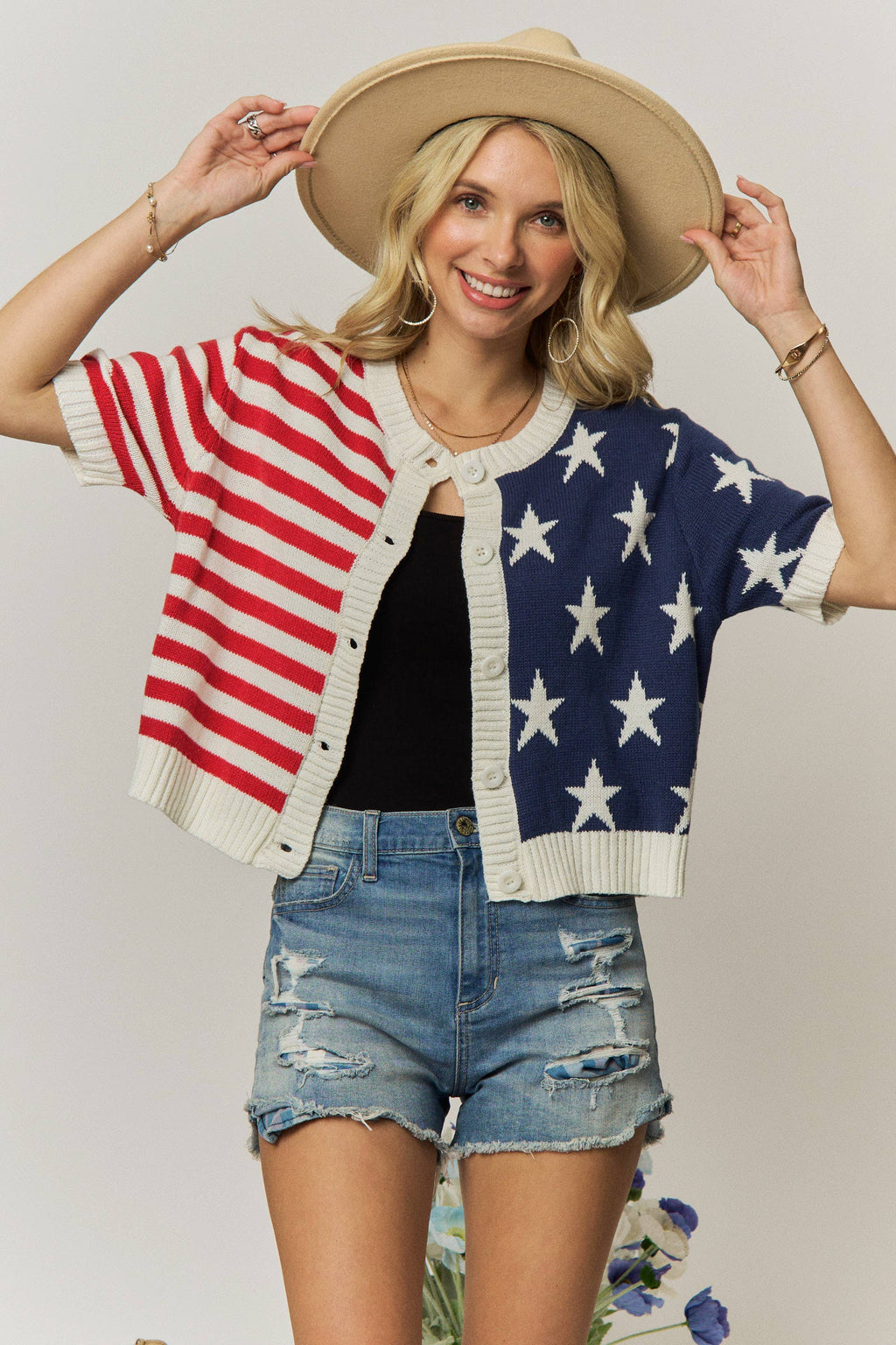 AMERICAN FLAG BUTTON FRONT KNIT SWEATER TOP- LESW4248