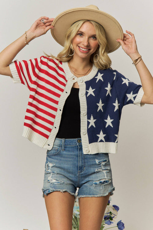 AMERICAN FLAG BUTTON FRONT KNIT SWEATER TOP- LESW4248