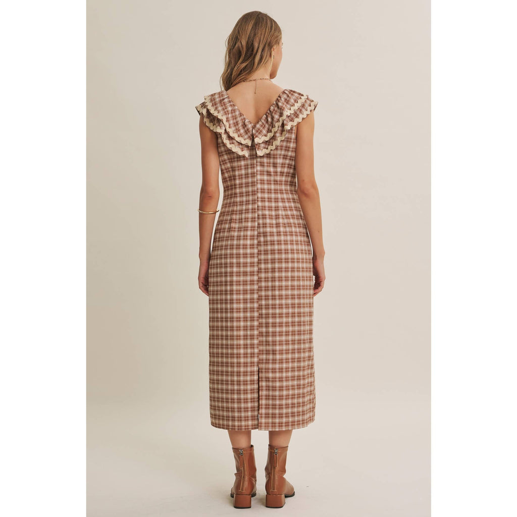 AUTUMN HARVEST RUFFLED PLAID BODY SKIMMING SLIT MIDI DRESS