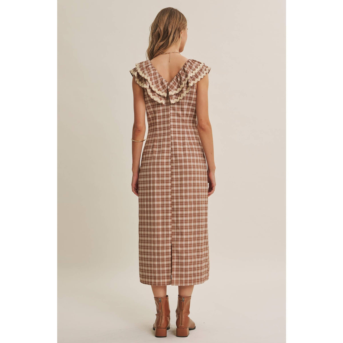 AUTUMN HARVEST RUFFLED PLAID BODY SKIMMING SLIT MIDI DRESS
