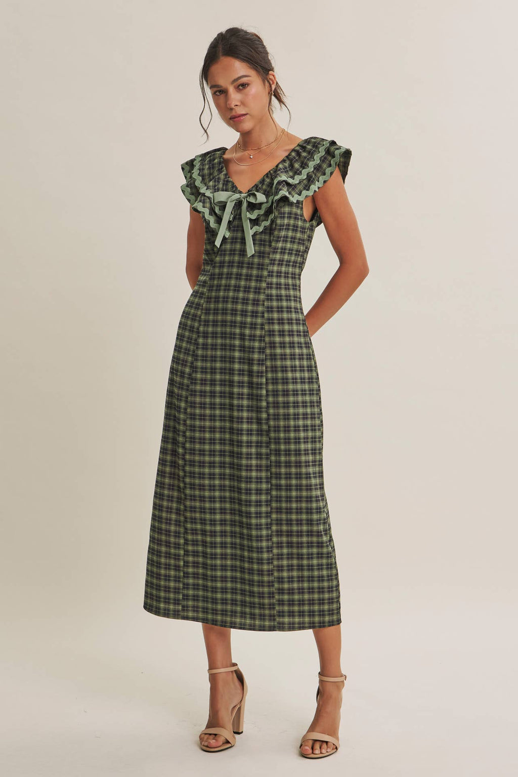 AUTUMN HARVEST RUFFLED PLAID BODY SKIMMING SLIT MIDI DRESS