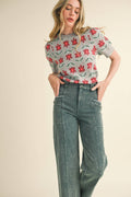 SHORT SLEEVE FLORAL KNIT SWEATER MSW10510