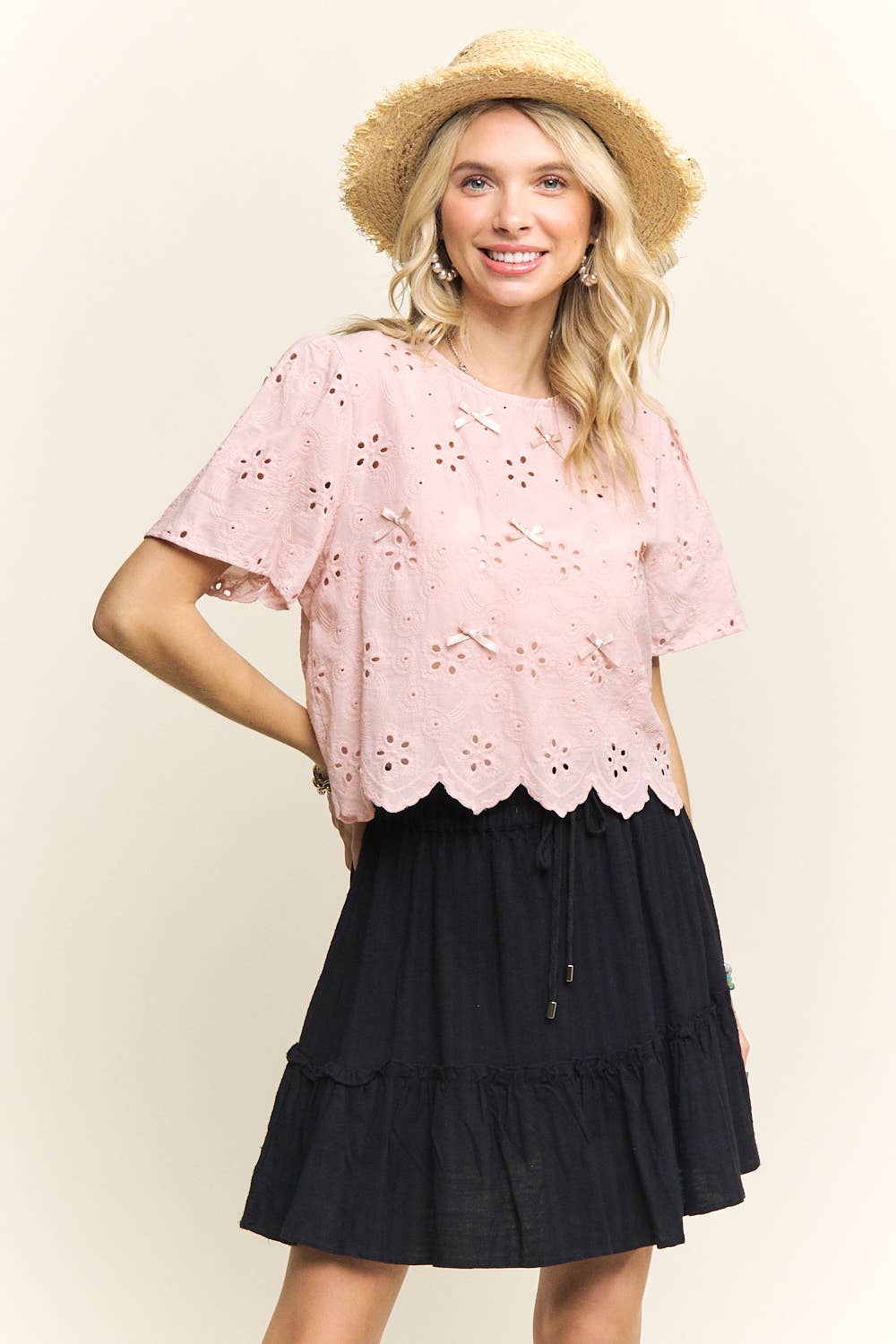 SHORT SLEEVE EYELET EMBROIDERED BLOUSE- LET4206