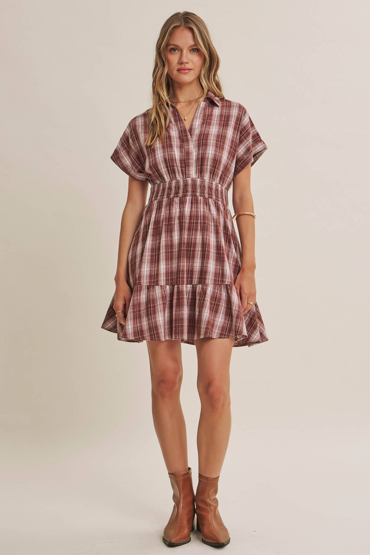 AUTUMN PICNIC DROP SHOULDER PLAID SMOCKED WAIST MINI DRESS