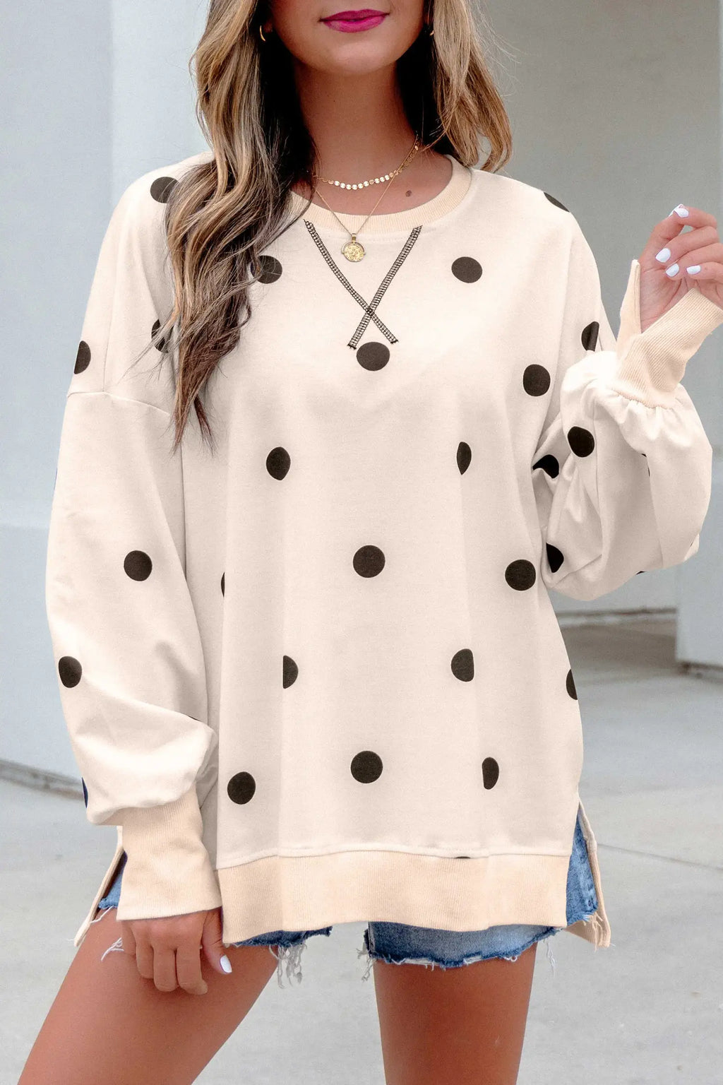 Polka Dot Sweatshirt Oversized Balloon Sleeve Top