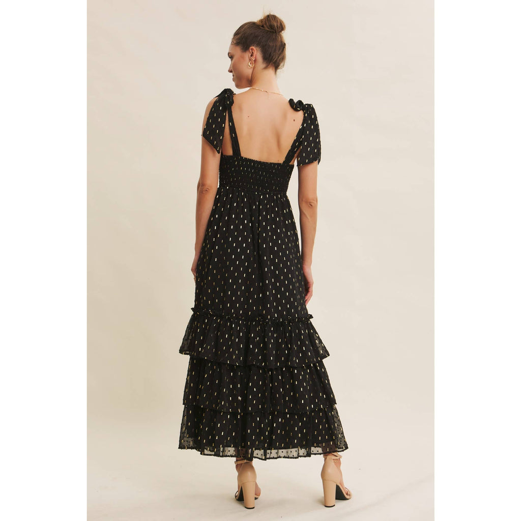 DESIGNED FOR MAGICAL MOMENT RUCHED FOIL SWISS DOT MAXI DRESS