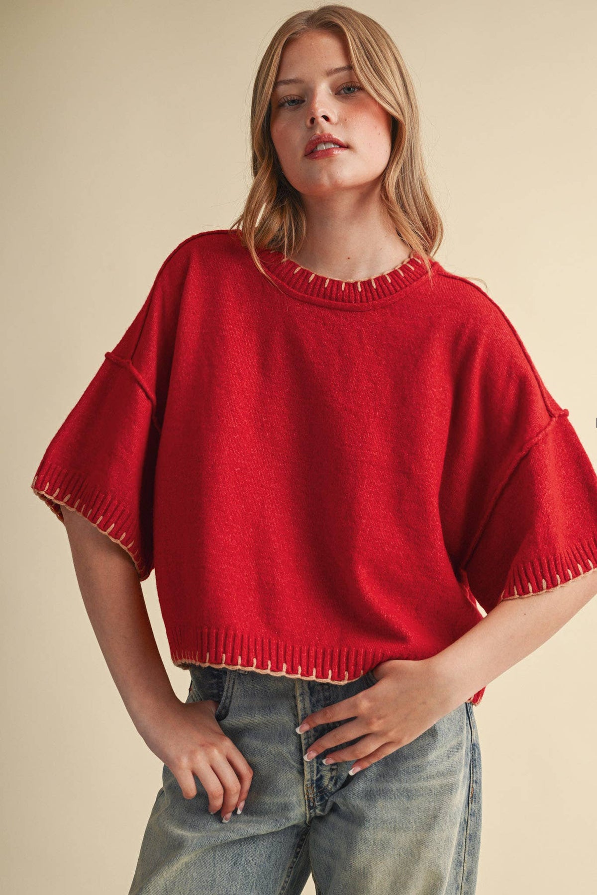 CONTRAST BLANKET STITCH MOCK NECK SHORT SLV SWEATER MSW11407