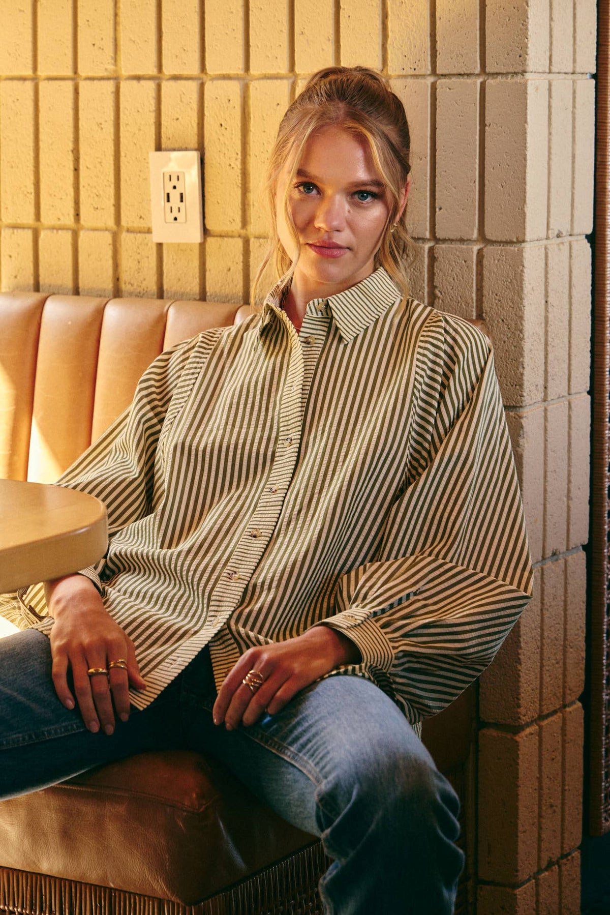 FRENCH CAFE MIXED STRIPE BATWING BUTTON-DOWN SHIRT