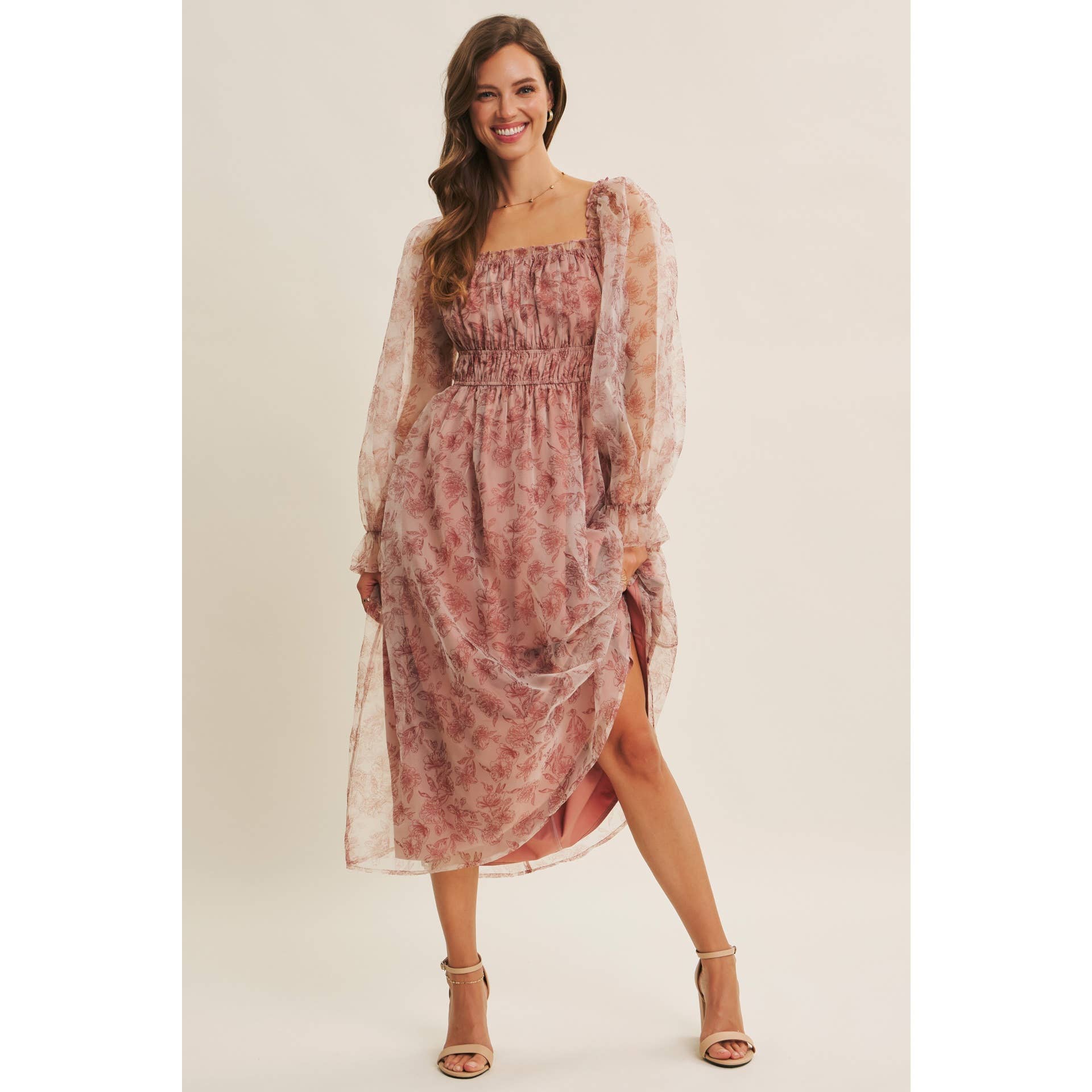 ETHEREAL GRACE FLORAL ORGANZA MIDI DRESS WITH ELASTIC WAIST