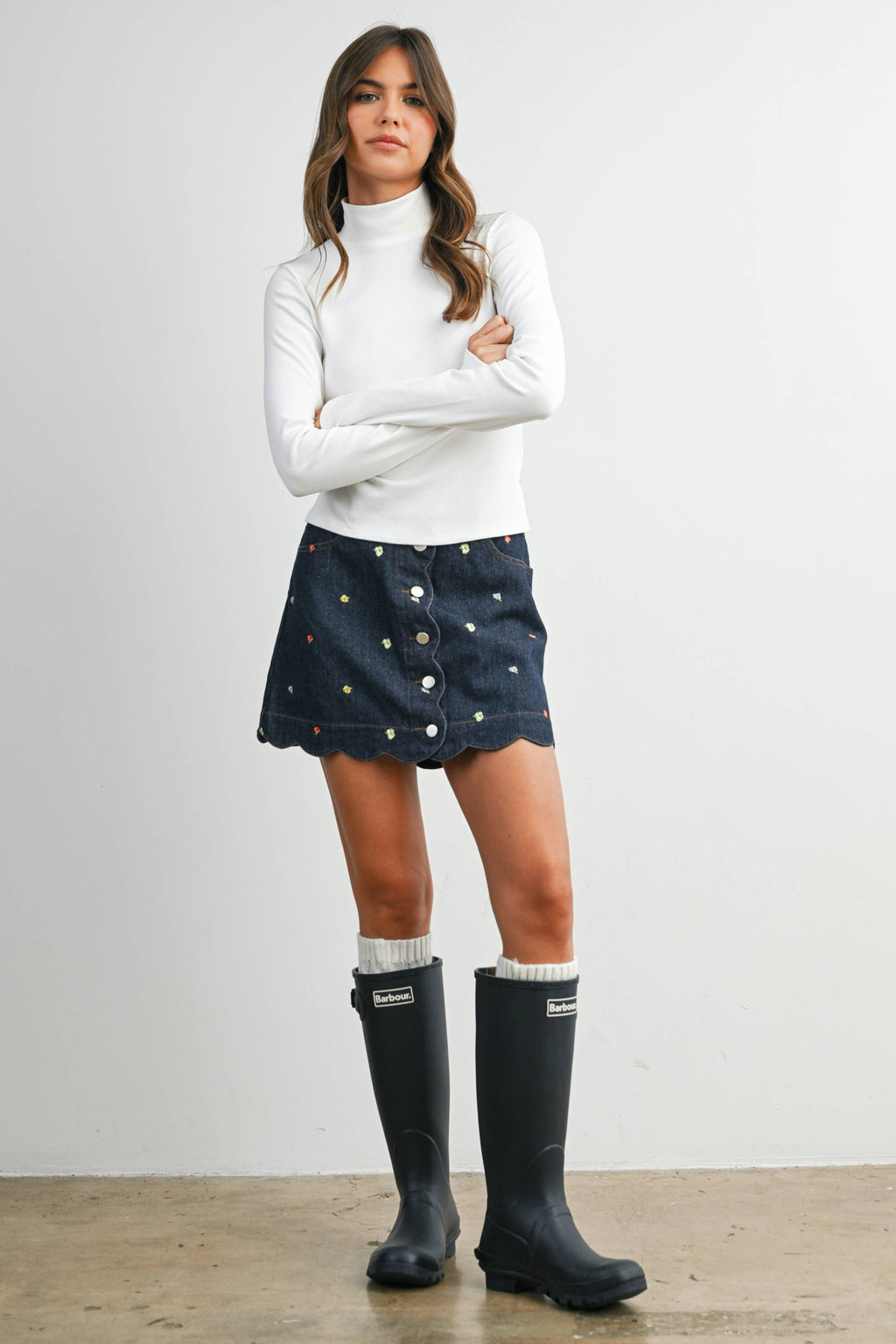 Floral Scalloped Hem Button-Down Skirt - BMS8168