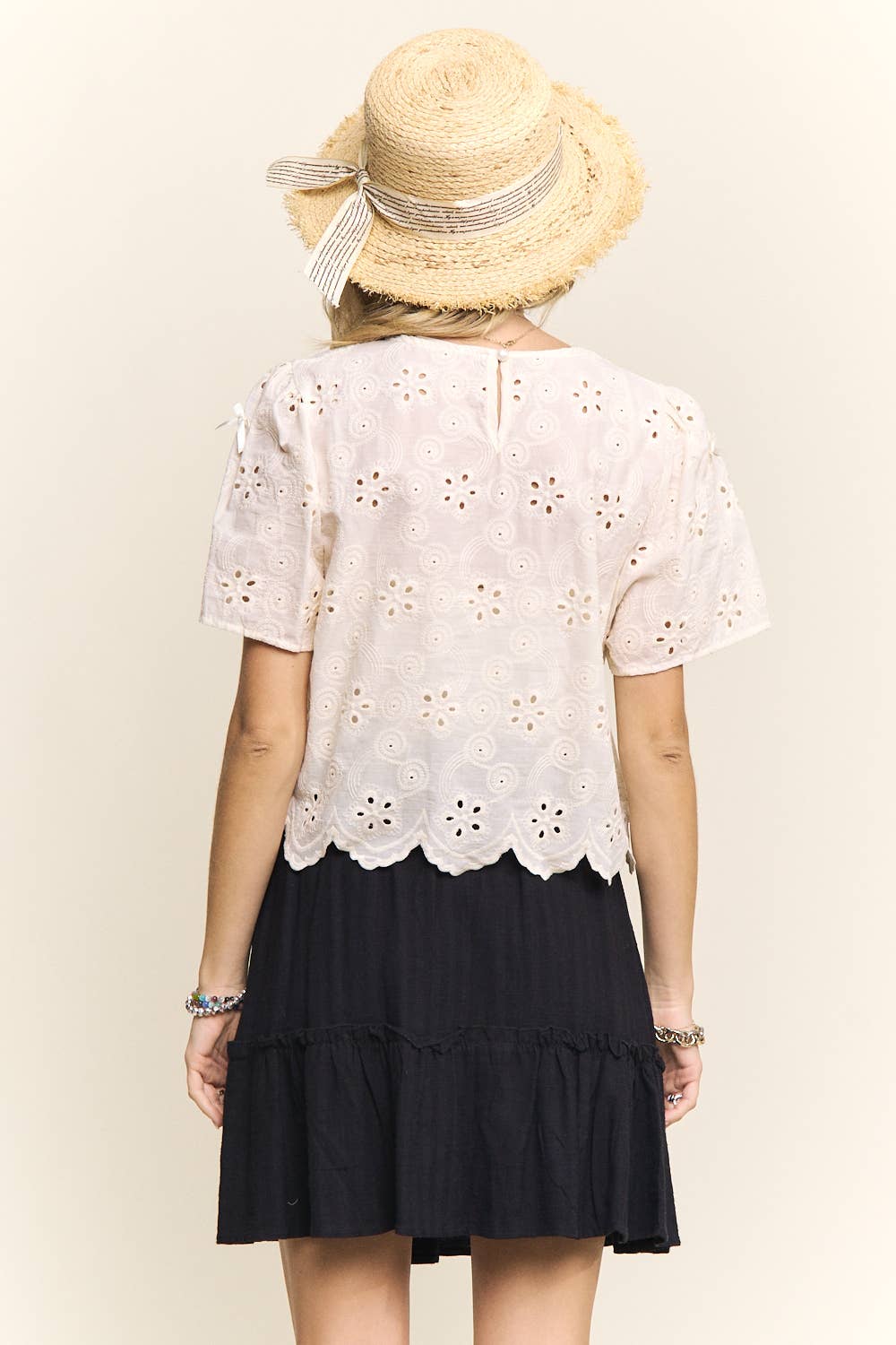 SHORT SLEEVE EYELET EMBROIDERED BLOUSE- LET4206