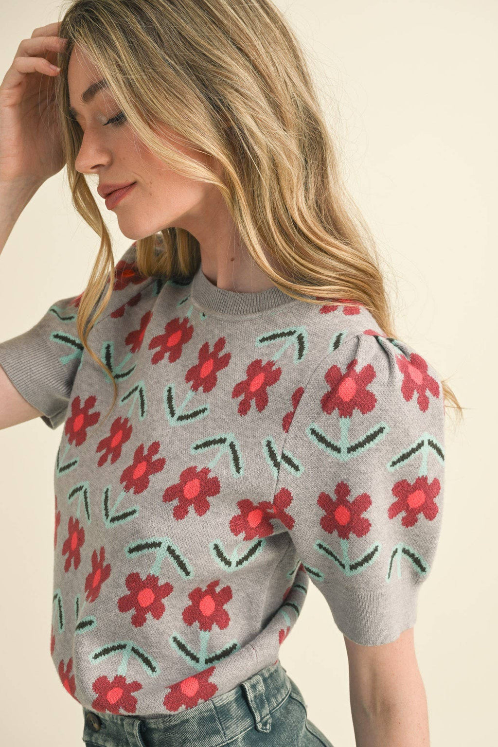 SHORT SLEEVE FLORAL KNIT SWEATER MSW10510