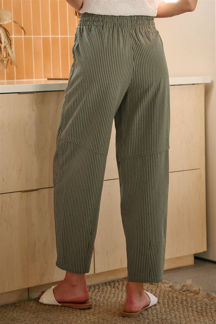 LINEN BLEND STRIPED CASUAL RELAXED PANTS WITH DRAWSTRING