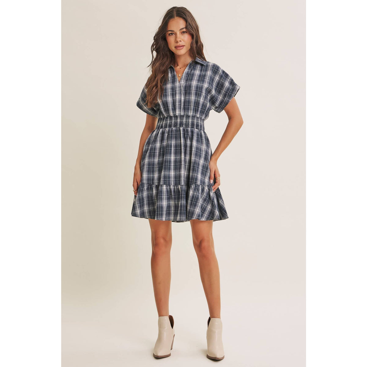 AUTUMN PICNIC DROP SHOULDER PLAID SMOCKED WAIST MINI DRESS