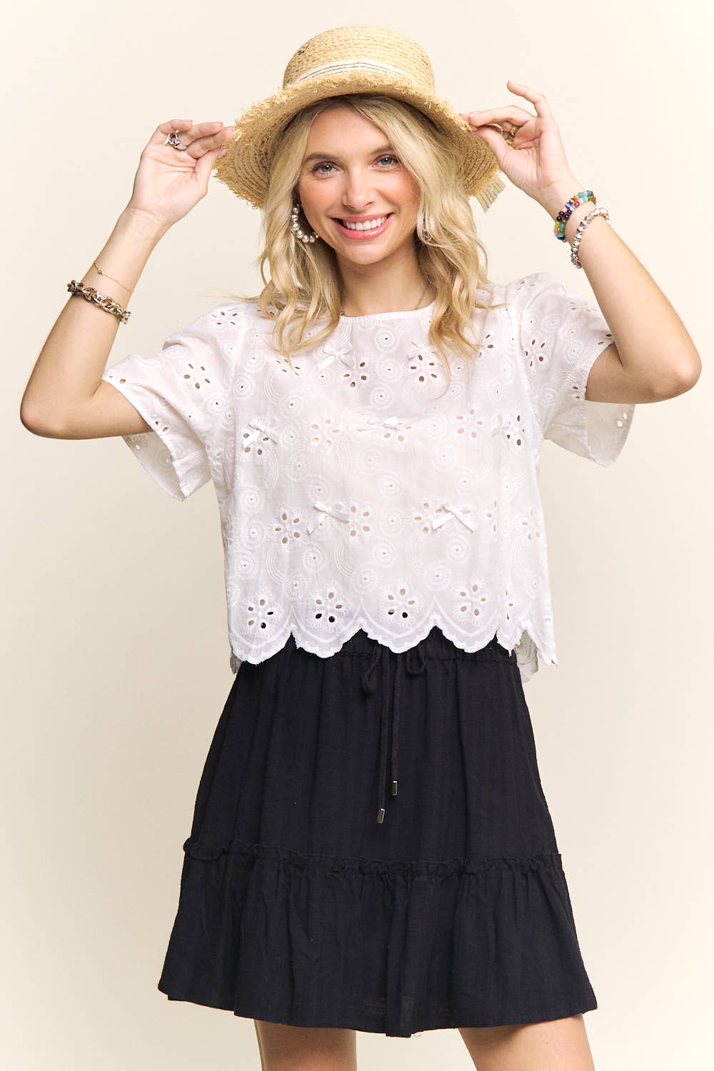 SHORT SLEEVE EYELET EMBROIDERED BLOUSE- LET4206