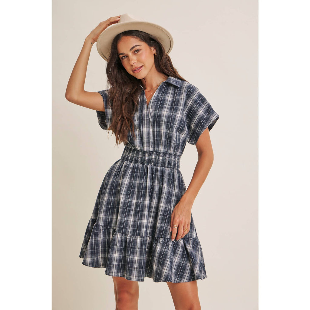 AUTUMN PICNIC DROP SHOULDER PLAID SMOCKED WAIST MINI DRESS
