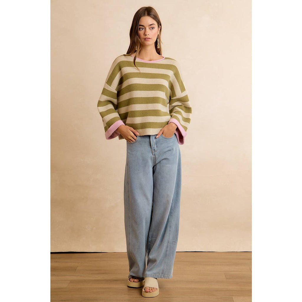 STRIPE CONTRAST BINDING AND REVERSIBLE SWEATER