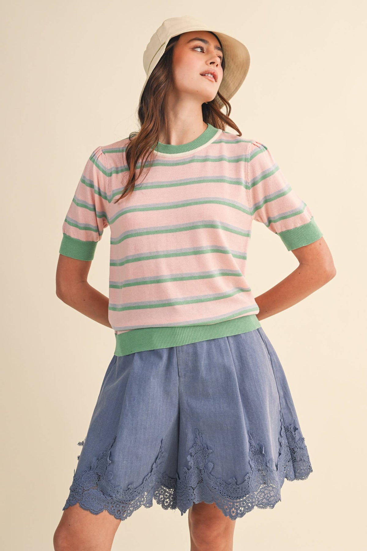 STRIPED SHORT SLEEVE SWEATER MSW11335