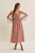ETHEREAL GRACE FLORAL ORGANZA MIDI DRESS WITH ELASTIC WAIST