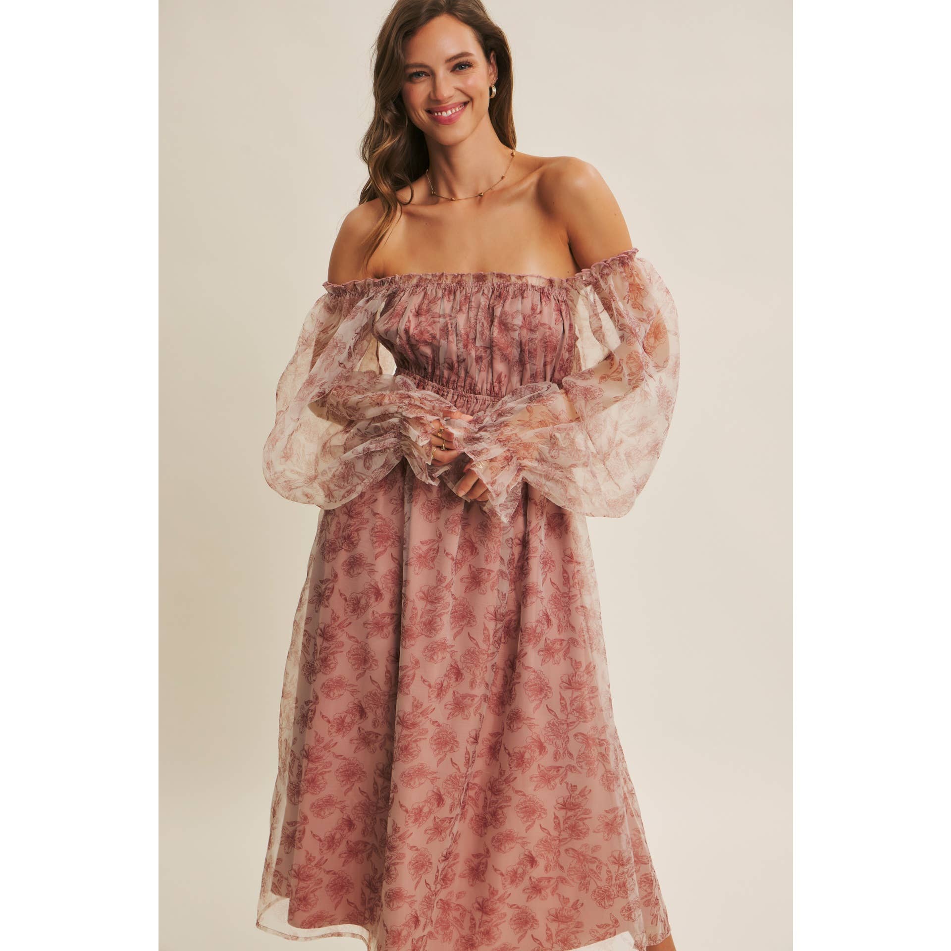 ETHEREAL GRACE FLORAL ORGANZA MIDI DRESS WITH ELASTIC WAIST