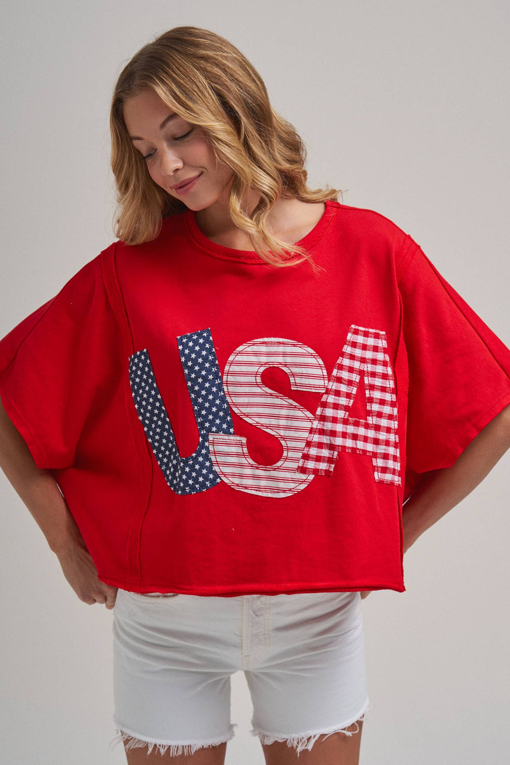 BIG USA LETTER PATCH OVERSIZED 4TH OF JULY KNIT TOP