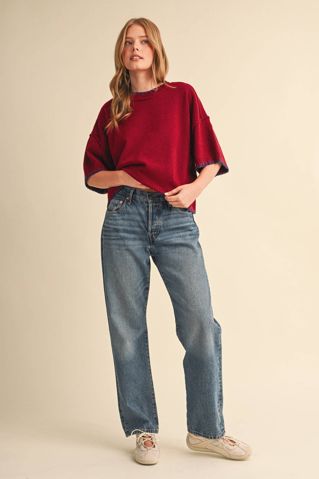CONTRAST BLANKET STITCH MOCK NECK SHORT SLV SWEATER MSW11407