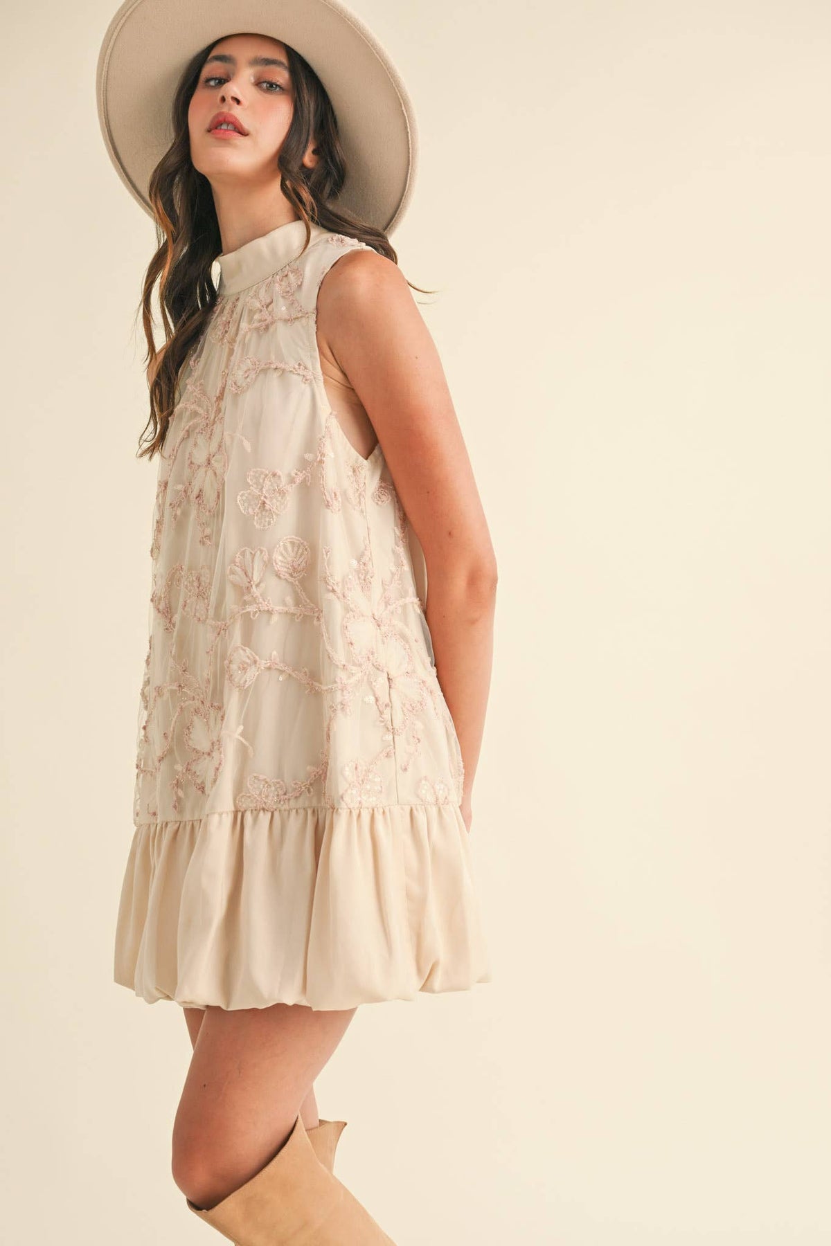 BUBBLE HEM EMBELLISHED MIXED MEDIA MINI DRESS MDR3691