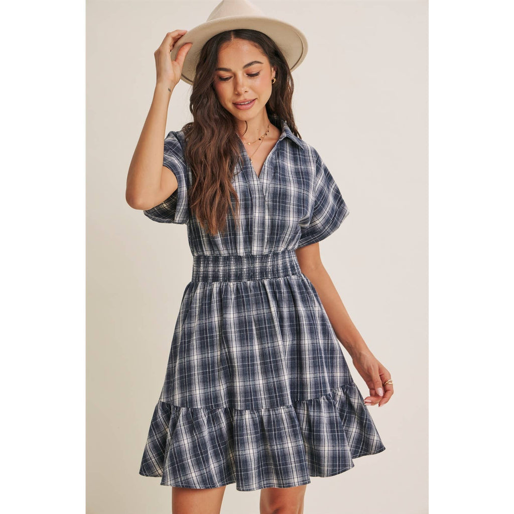 AUTUMN PICNIC DROP SHOULDER PLAID SMOCKED WAIST MINI DRESS