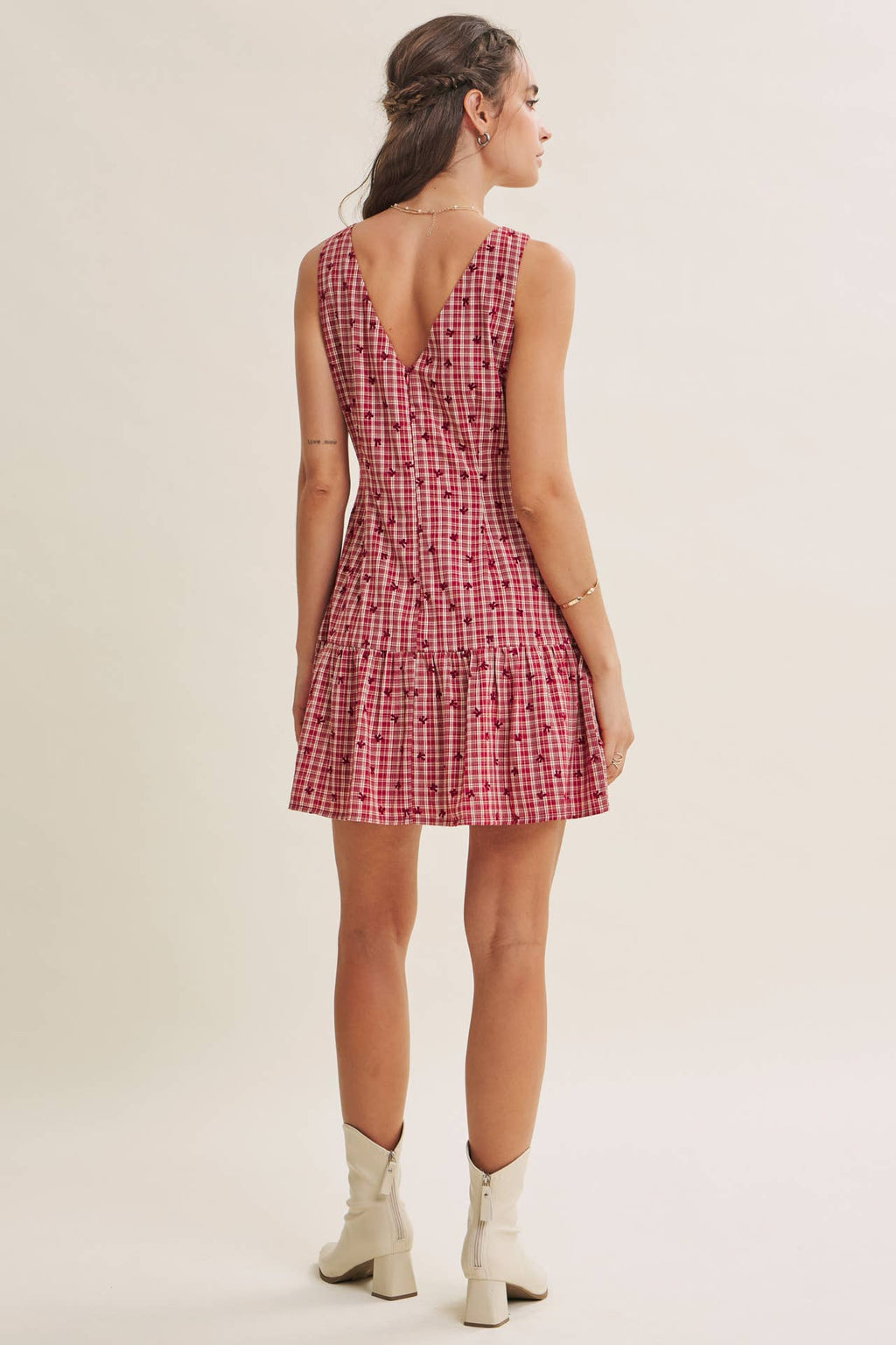 CHARMING FLOCKED PLAID TAILORED DROP WAIST MINI DRESS