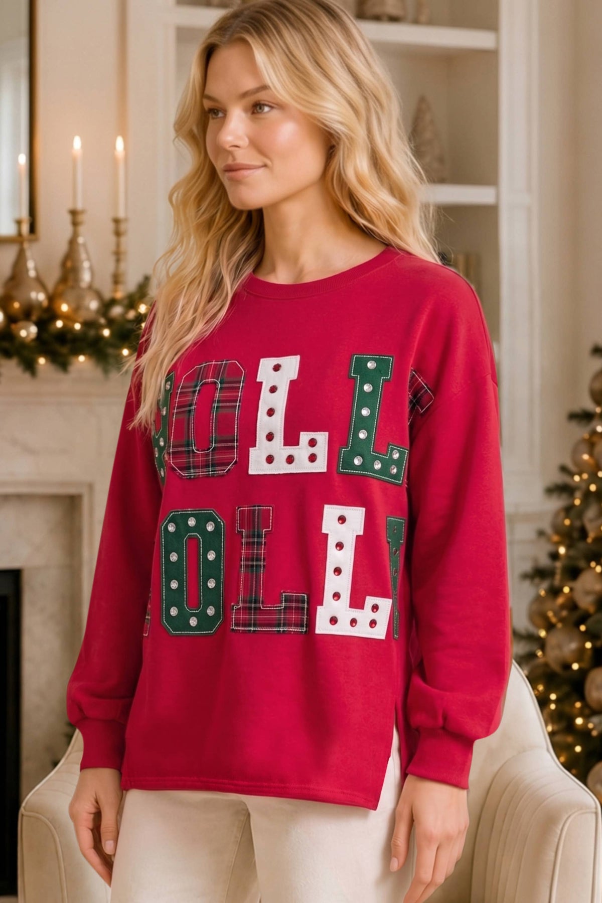 Holly Jolly Patchwork Graphic Holiday Sweatshirt
