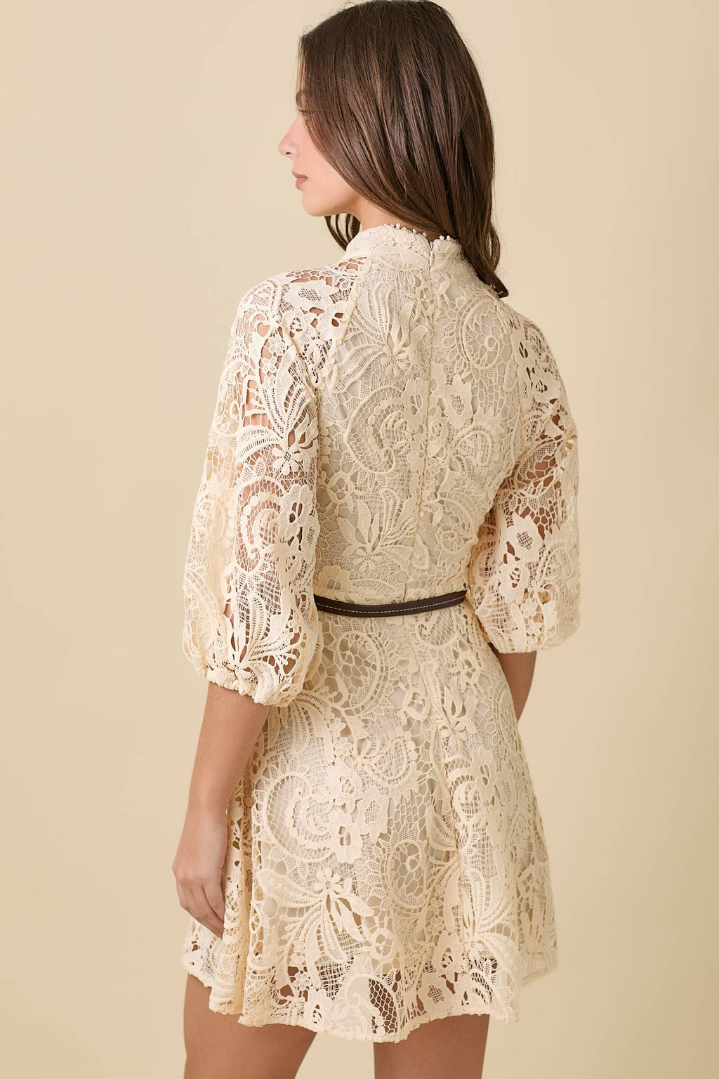 Mock Neck Collar Button Down Mini Lace Dress