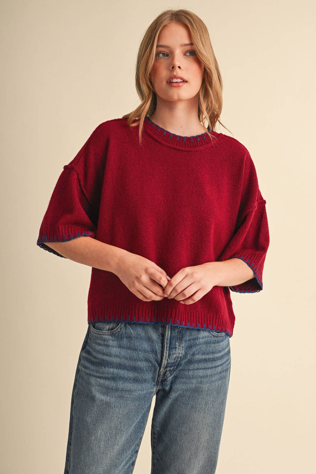 CONTRAST BLANKET STITCH MOCK NECK SHORT SLV SWEATER MSW11407
