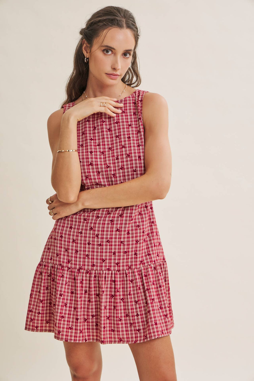 CHARMING FLOCKED PLAID TAILORED DROP WAIST MINI DRESS