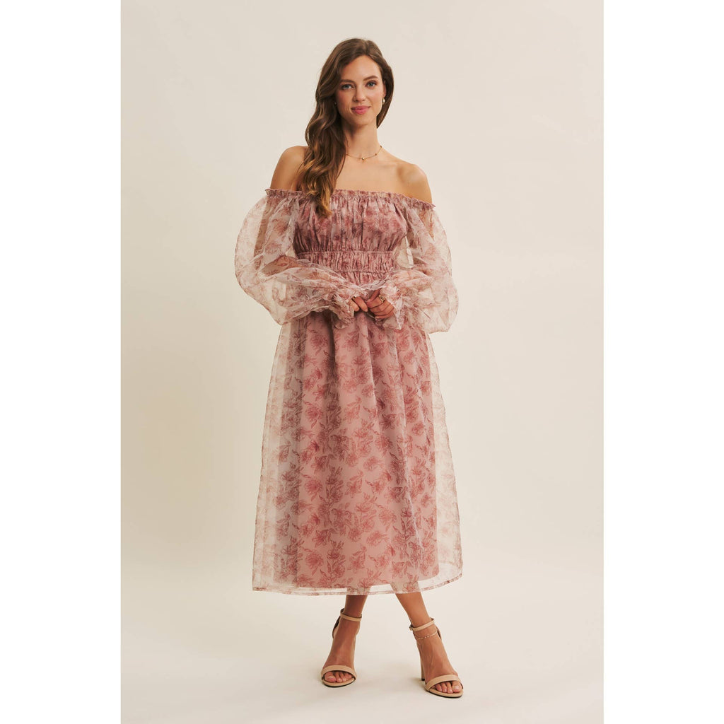 ETHEREAL GRACE FLORAL ORGANZA MIDI DRESS WITH ELASTIC WAIST
