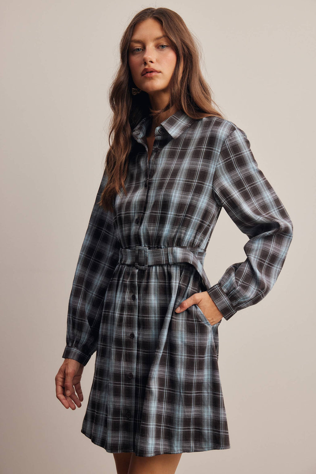 Belted Plaid Shirt Dress FD0063