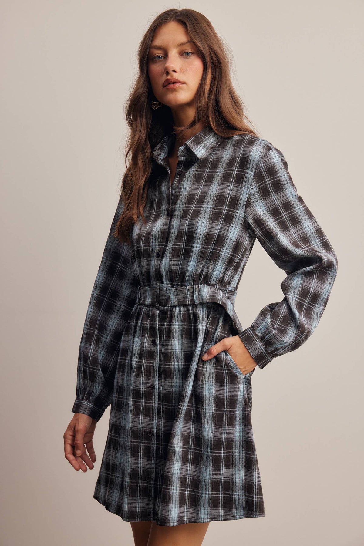 Belted Plaid Shirt Dress FD0063