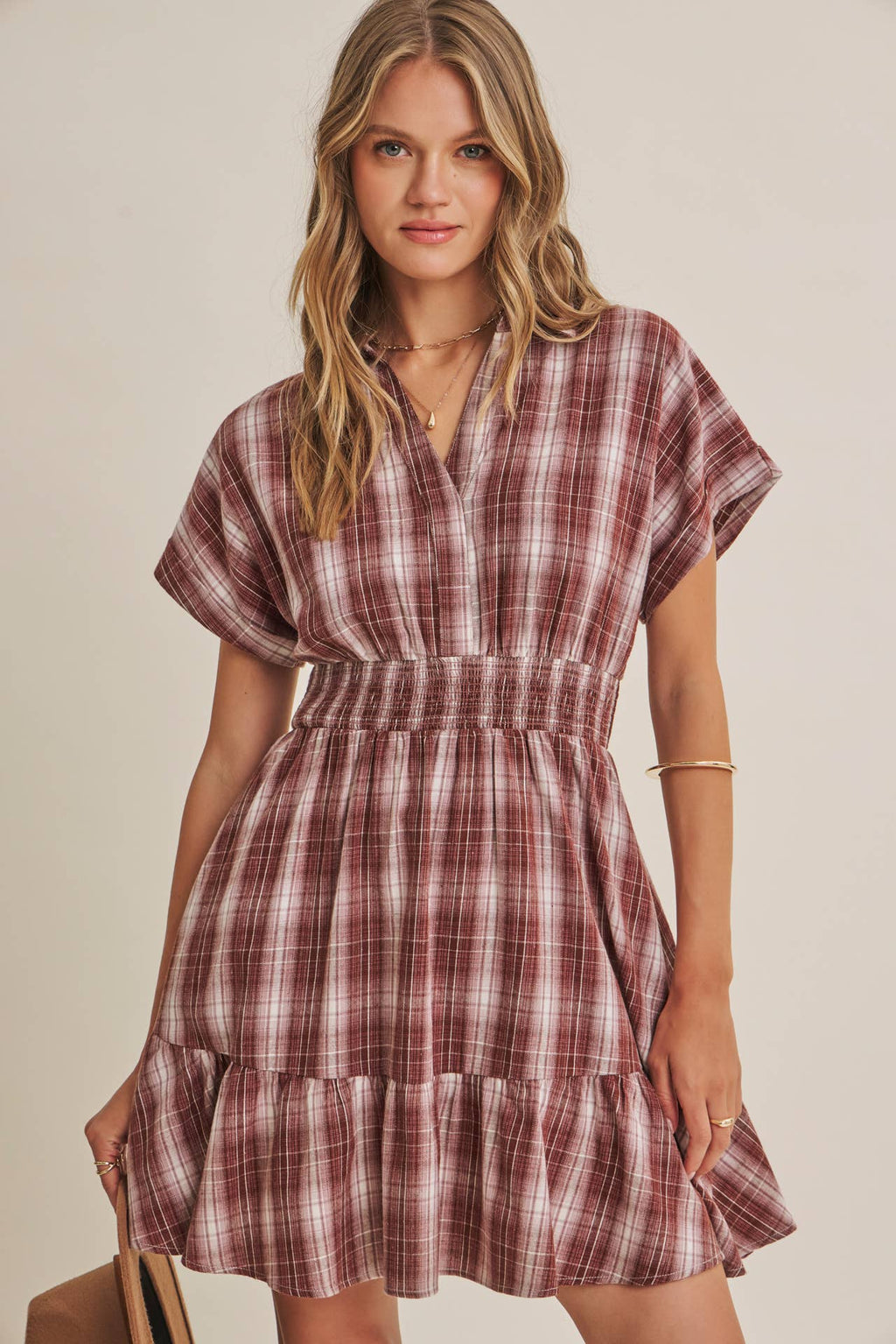 AUTUMN PICNIC DROP SHOULDER PLAID SMOCKED WAIST MINI DRESS