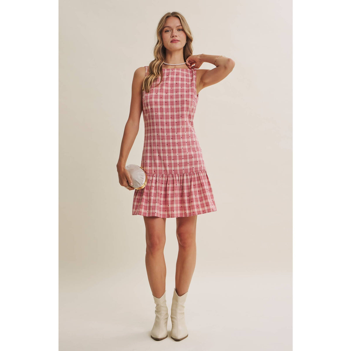 CHARMING FLOCKED PLAID TAILORED DROP WAIST MINI DRESS