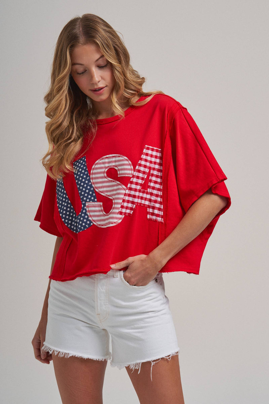 BIG USA LETTER PATCH OVERSIZED 4TH OF JULY KNIT TOP