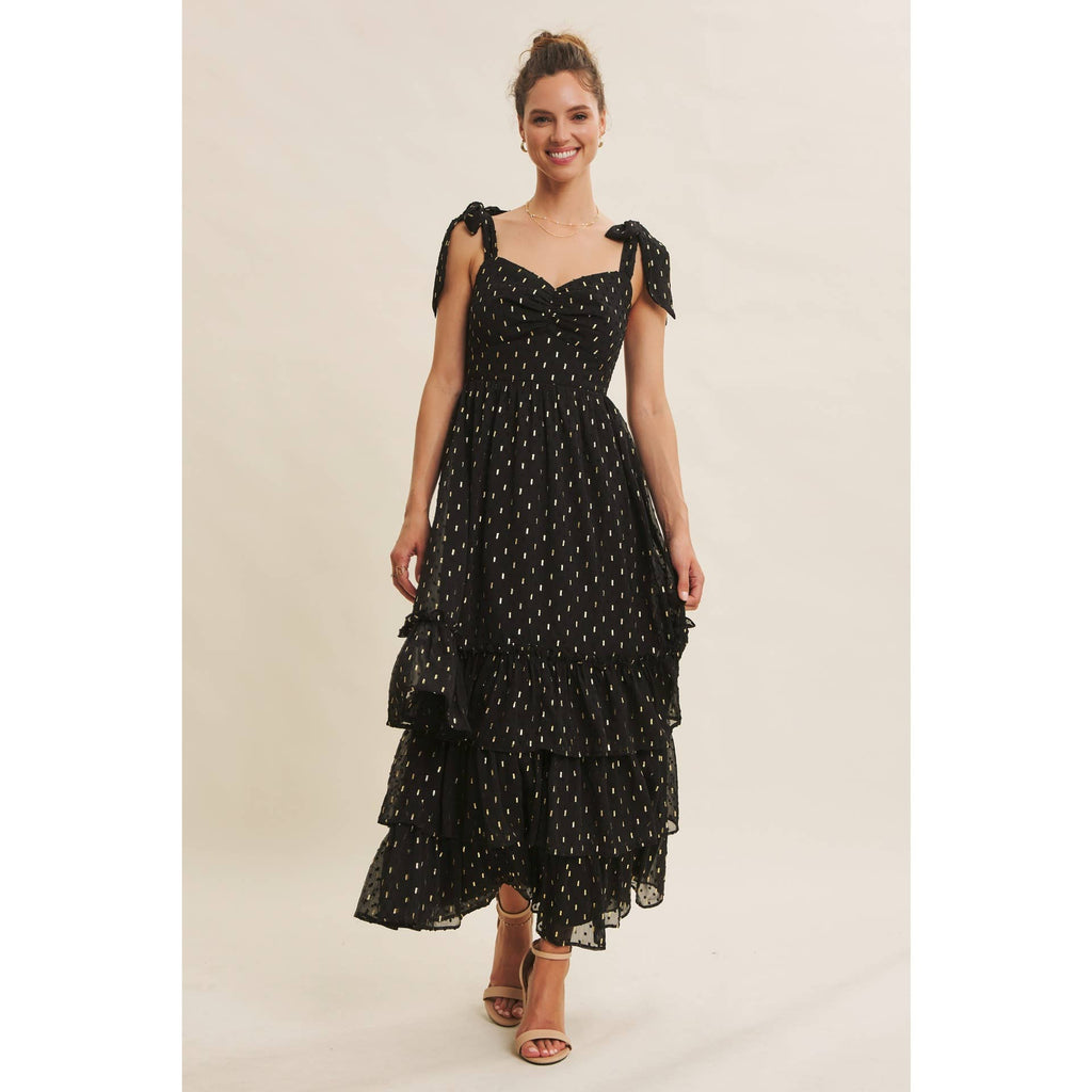 DESIGNED FOR MAGICAL MOMENT RUCHED FOIL SWISS DOT MAXI DRESS