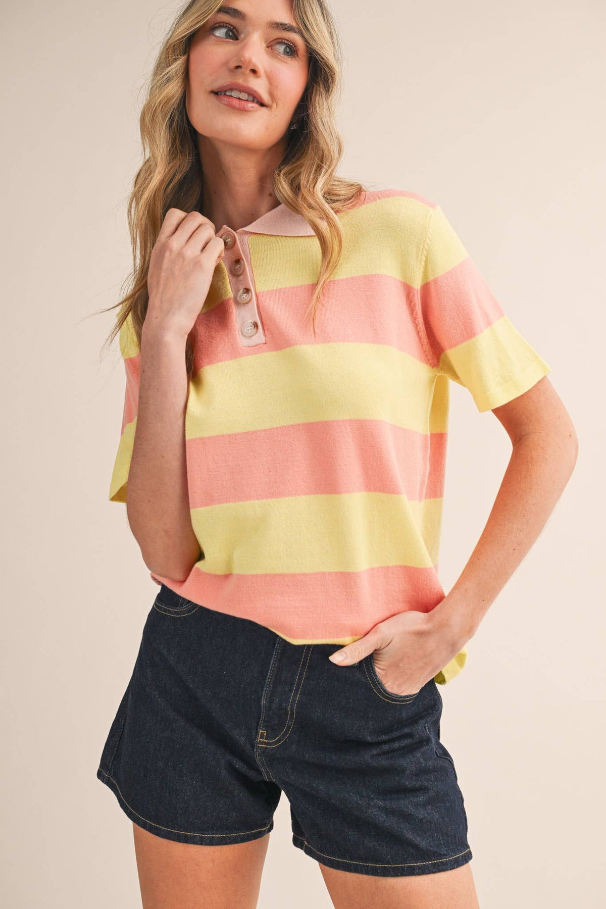 STRIPED SWEATER KNIT SHORT SLEEVE POLO MSW11339