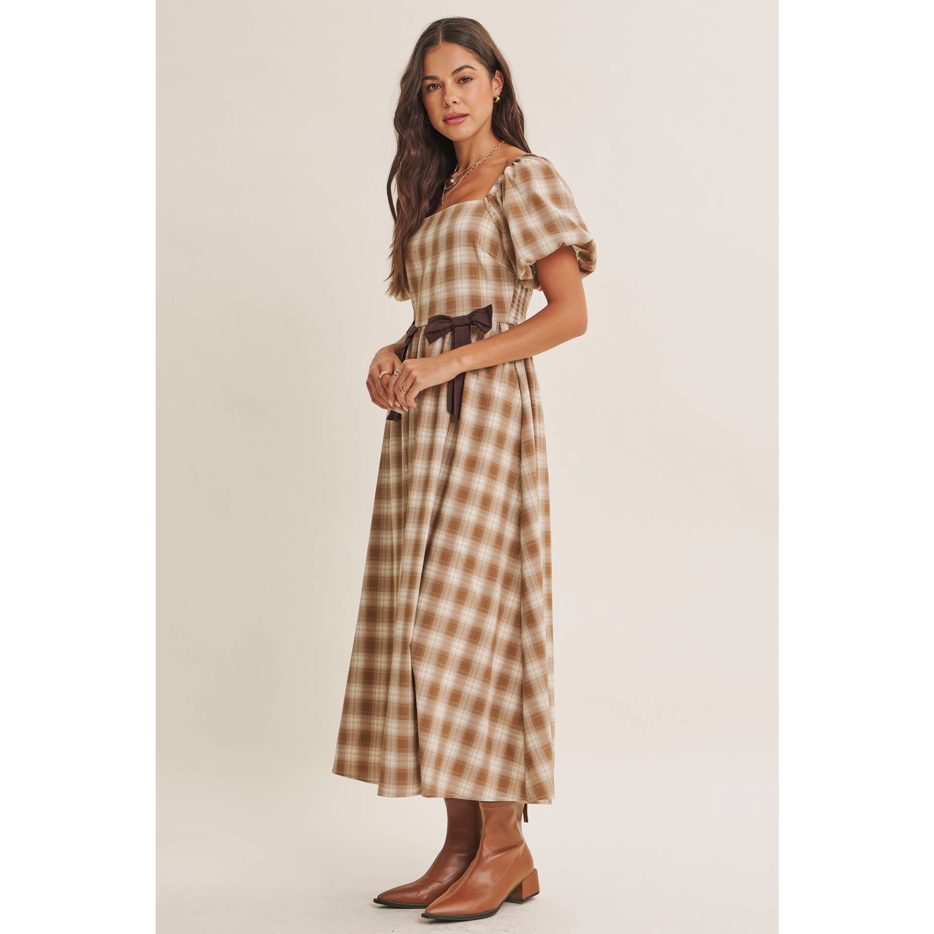 GOLDEN FIELD PLAID SMOCKED MIDI DRESS WITH CONTRAST BOW
