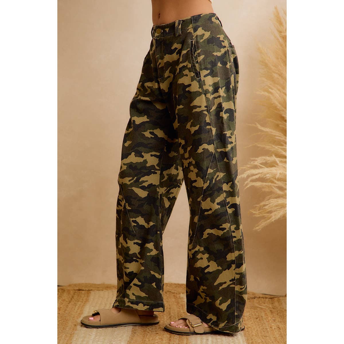 CHIC CAMO PRINT RELAXED WIDE LEG PANTS