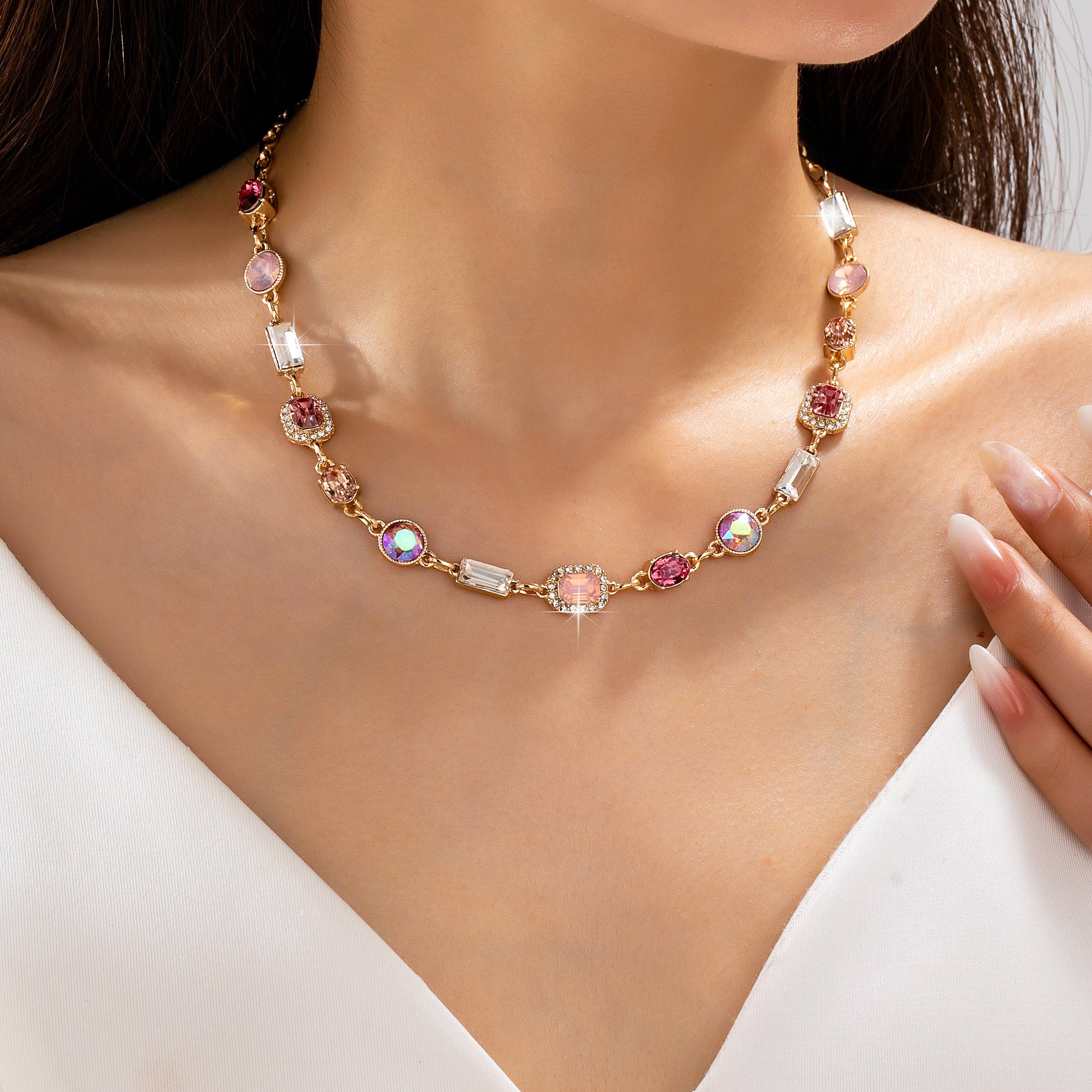 Mixed-Shape Pink & Clear Crystal Station Necklace | 80N93267
