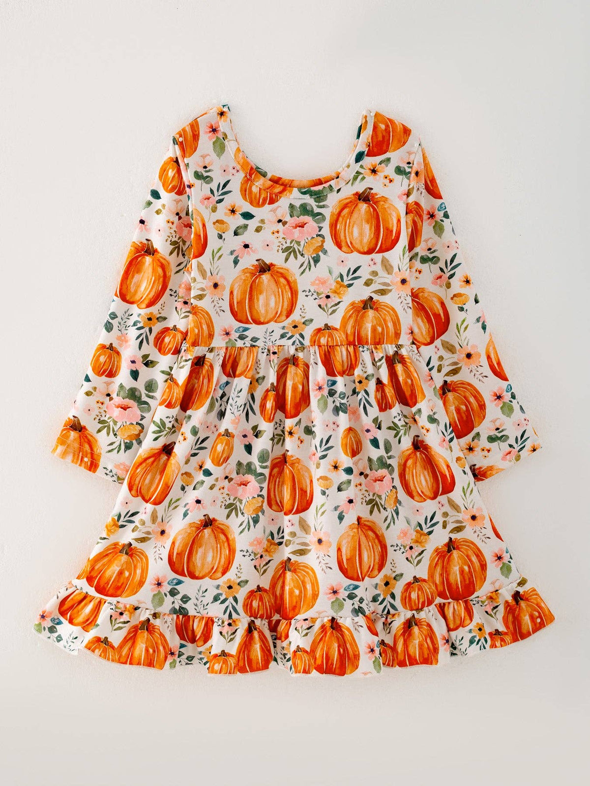 Girls FALL Pumpkin Print Long Sleeve Dress