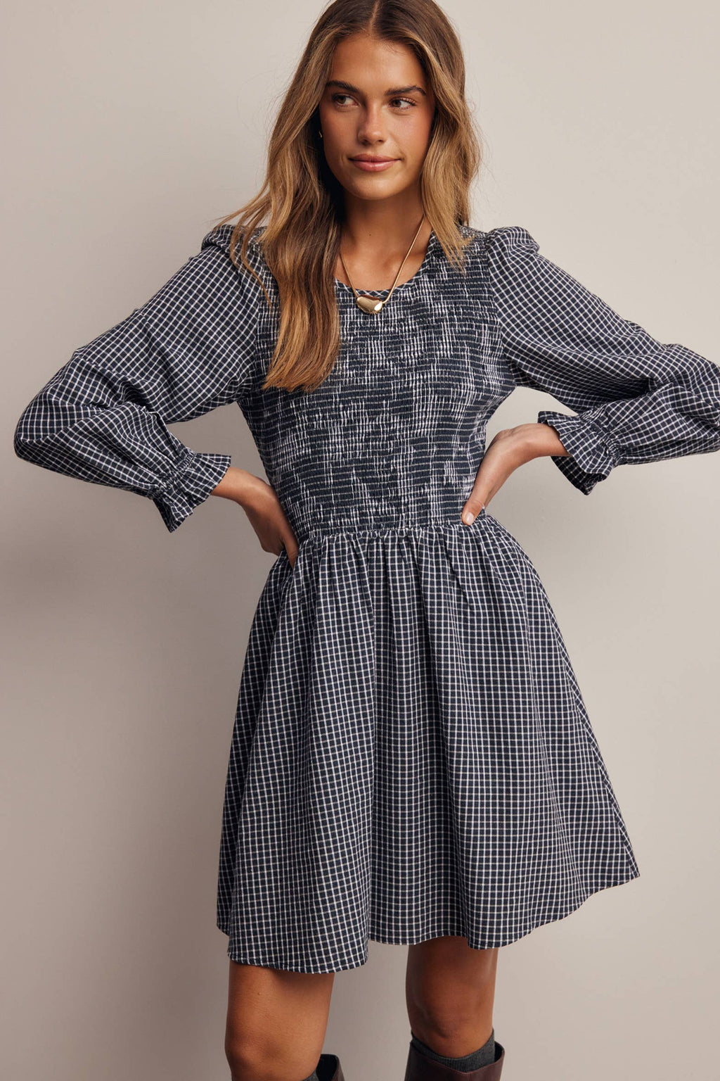 Smocked Gingham Mini Dress FD0071