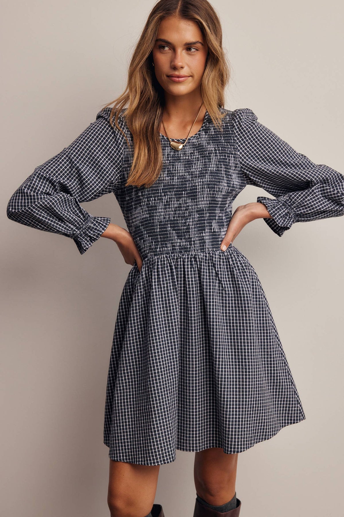 Smocked Gingham Mini Dress FD0071