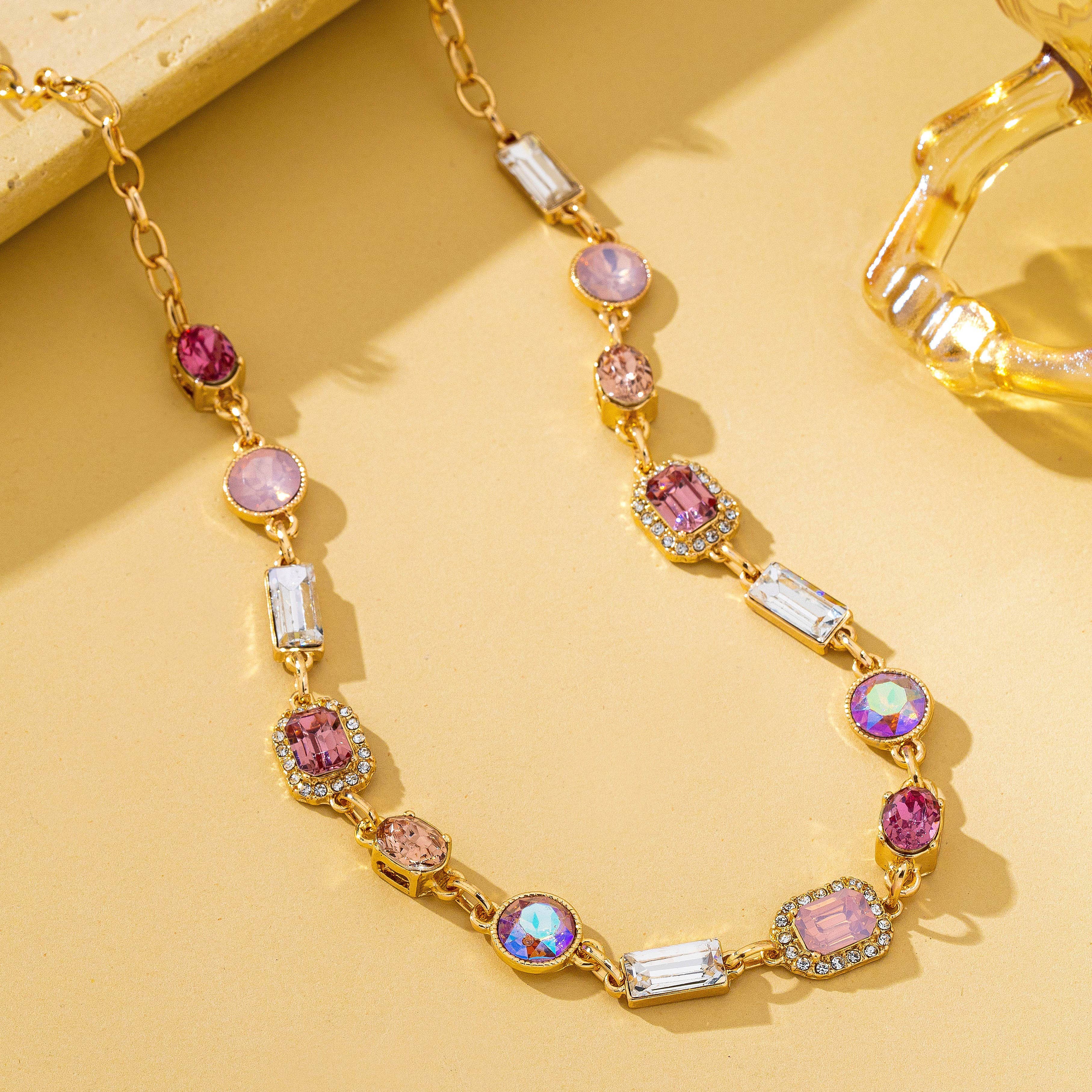 Mixed-Shape Pink & Clear Crystal Station Necklace | 80N93267