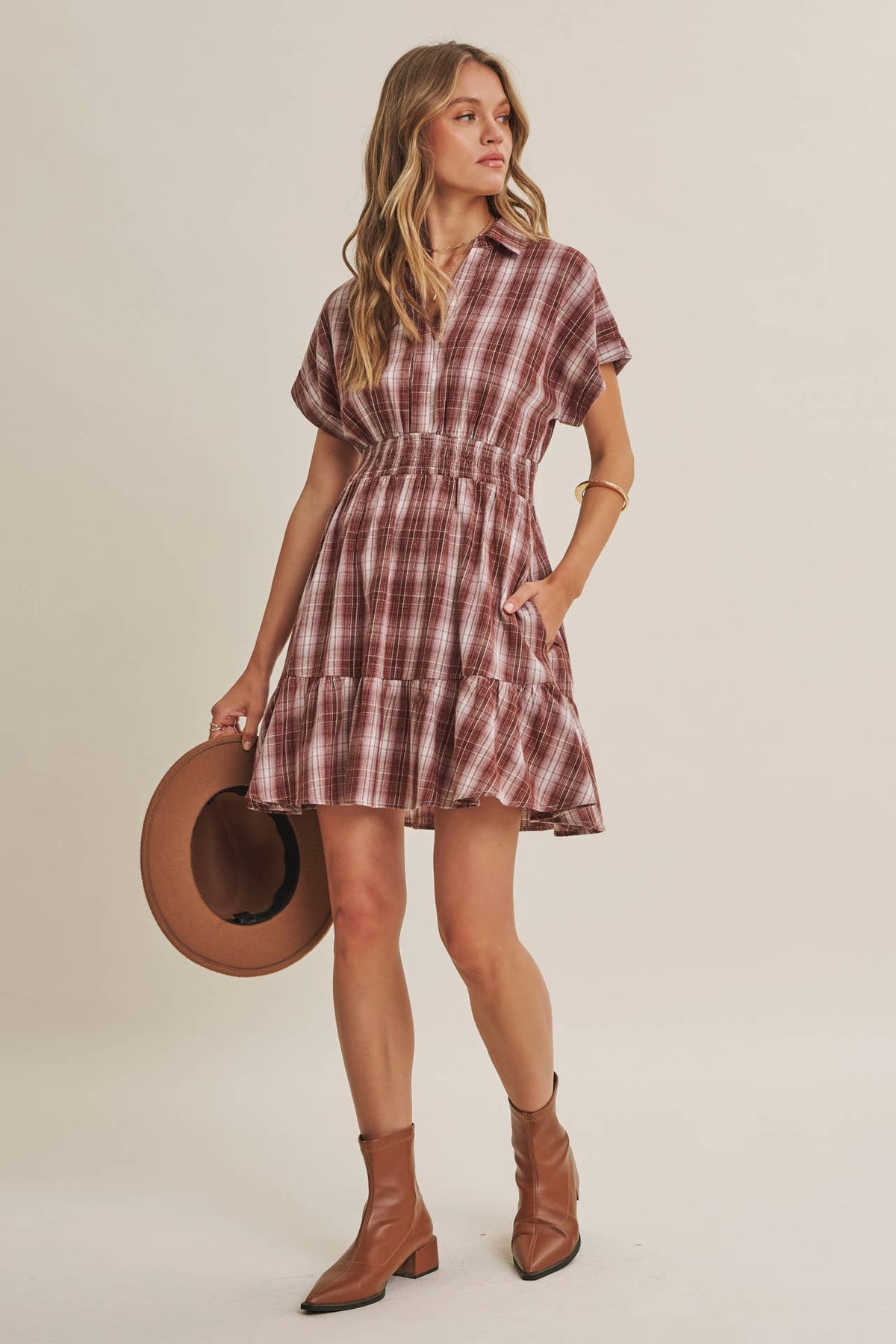 AUTUMN PICNIC DROP SHOULDER PLAID SMOCKED WAIST MINI DRESS