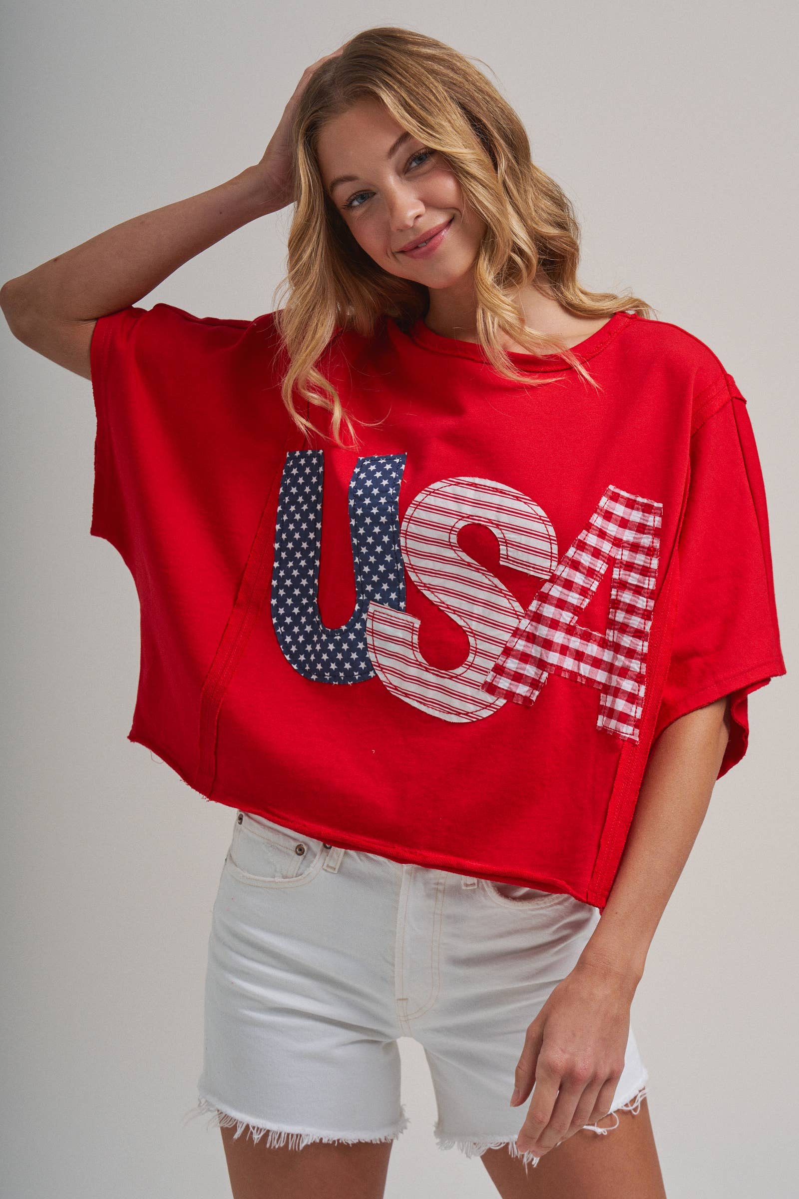 BIG USA LETTER PATCH OVERSIZED 4TH OF JULY KNIT TOP